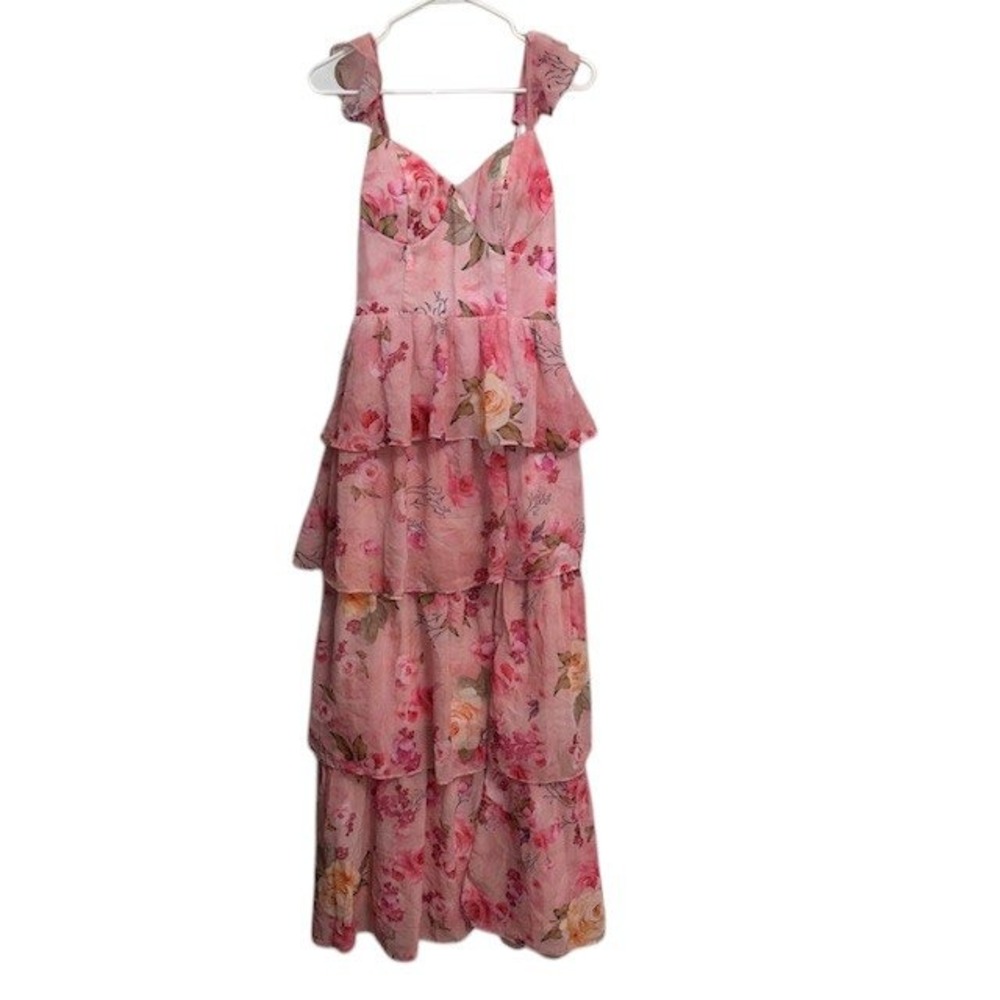 Floral Pink Maxi Dress‎ Ruffle Tiered Corset Back Party Wedding Homecoming Prom